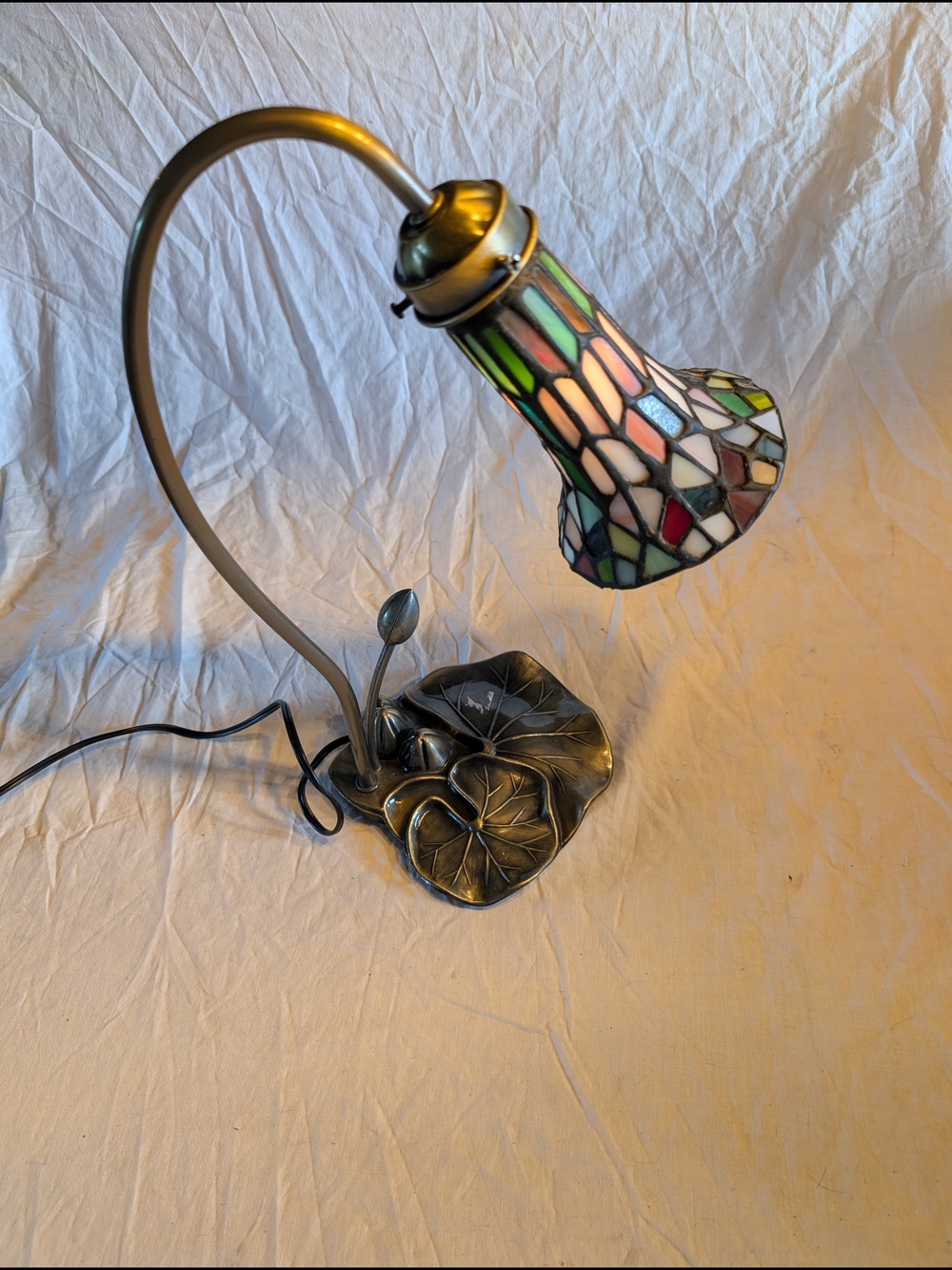 Vintage Multicolor Tiffany Stained Glass Desk Lamp with Brass  Curved Stem